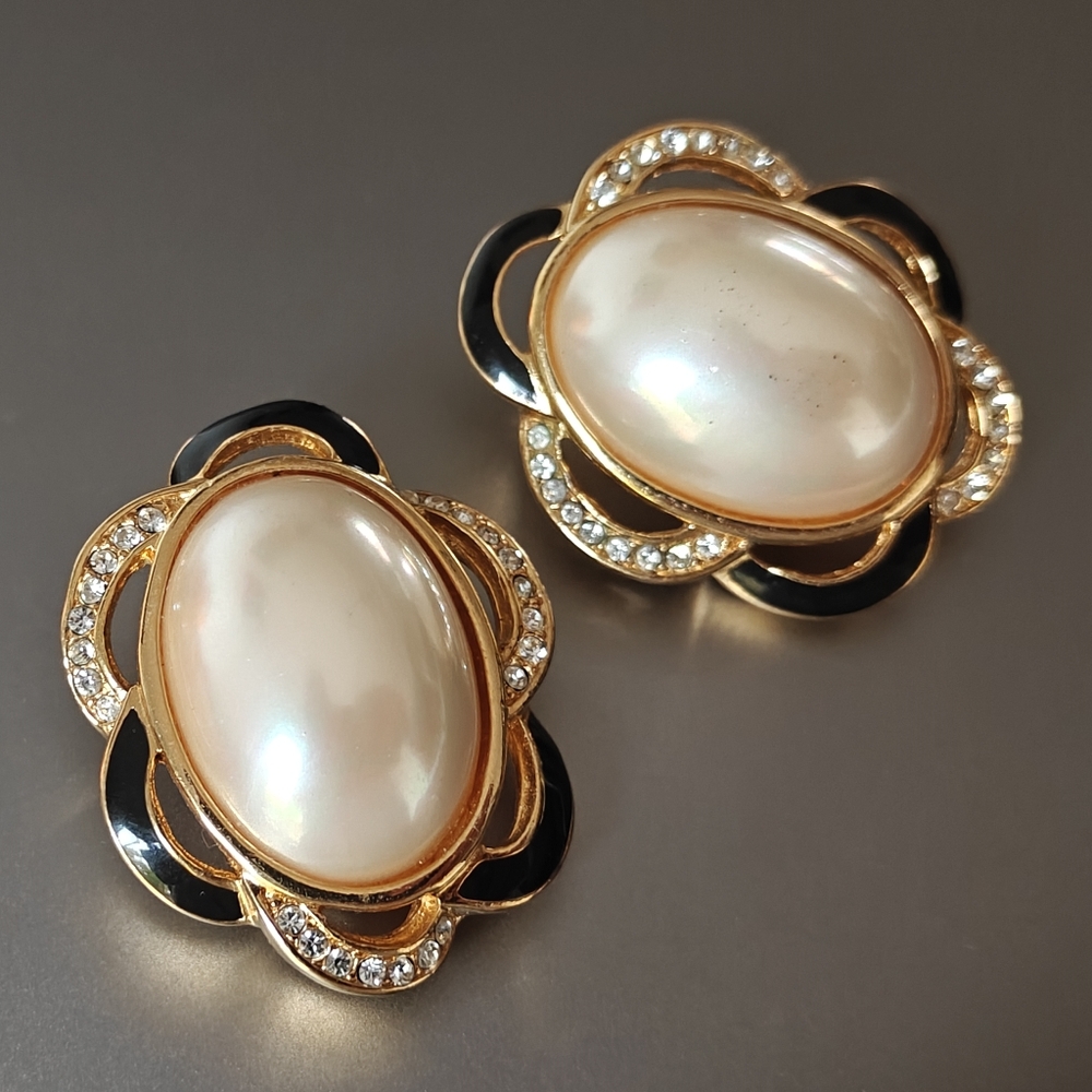 Rare Vintage Dior Faux Mabe Pearl Crystals & Enamel Earrings